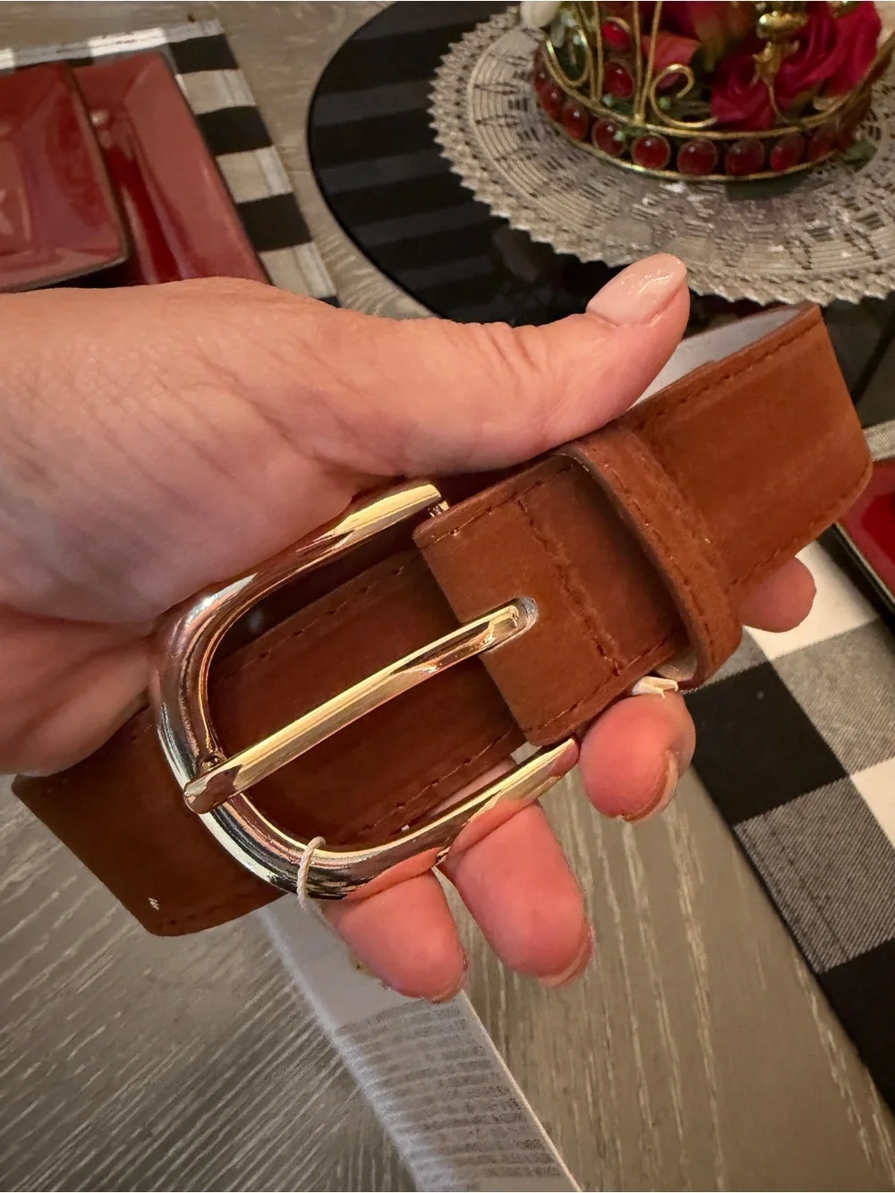 Zara Tan/Brown Leather Belt with Gold-Tone Buckle